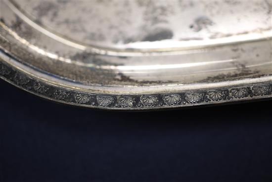 A George V silver two handled tea tray by Mappin & Webb, 88 oz.